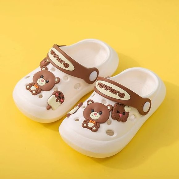 Cartoon Children's Clogs/Slipon White With Brown Teddy Bear Size 10 Toddler - Picture 1 of 5